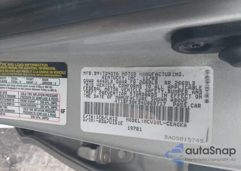 2004 Toyota Camry Xle V6 from USA, damaged, VIN 4T1BF30K34U068717
